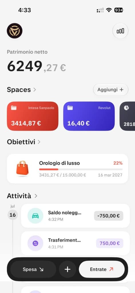 Home di MoneyNest con Spazi, obiettivi e attività
